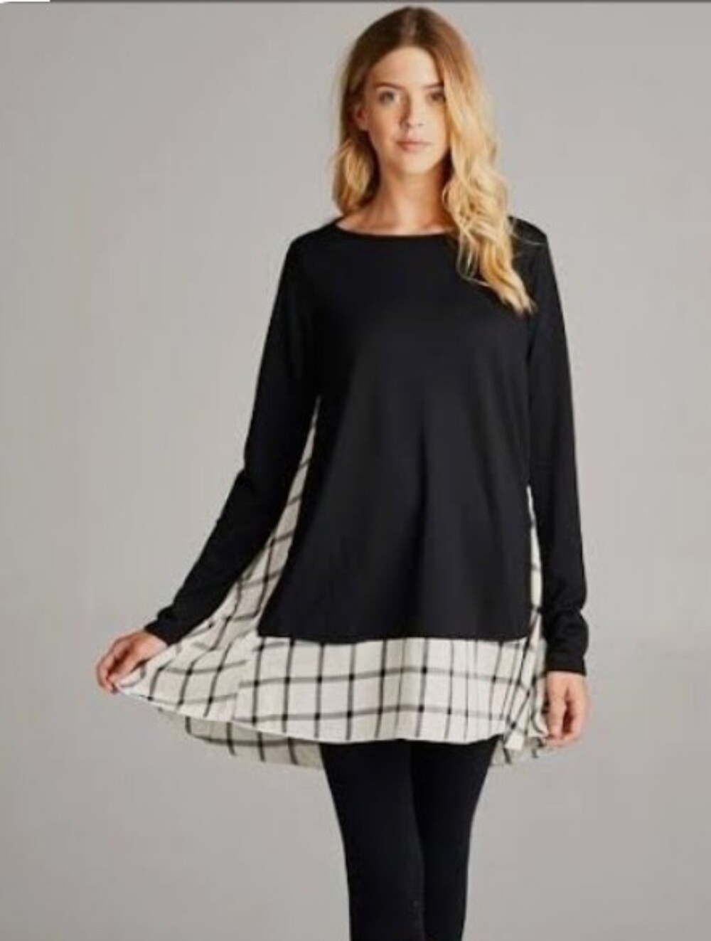 Bellamie Black Long-Sleeve Tunic with White Plaid Flounce Large